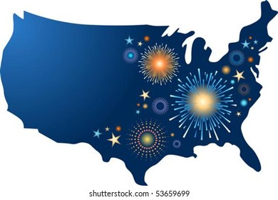 USA map outline with fireworks