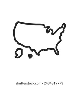 Icono de Contorno del Mapa USA. Ilustración vectorial de línea delgada para diseños de viajes, educativos y geográficos. Cartel para las elecciones y temas patrióticos.