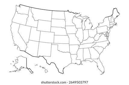  USA map outline vector in black stroke with individual state borders, including Alaska and Hawaii. Clean and minimal map for infographic, education, and geography visuals.