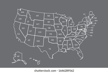 USA map outline vector with state names on black background illustration