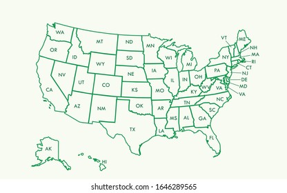 USA map outline vector with state names using green color on light background illustration