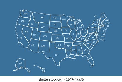 USA map outline vector with state names on blue background illustration