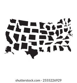 The USA map outlines the 50 states, including Alaska and Hawaii, with clear borders and often marked with major cities, rivers, and mountain ranges. It highlights geographical features like the Great 
