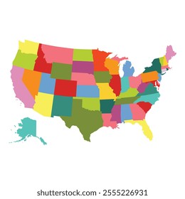 The USA map outlines the 50 states, including Alaska and Hawaii, with clear borders and often marked with major cities, rivers, and mountain ranges. It highlights geographical features like the Great 