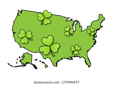 USA Map - Patrick's Day Clover Leaves