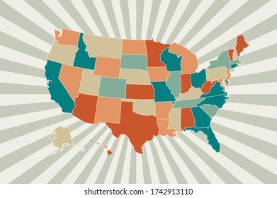 US-Karte. Poster mit Landkarte in Retro Farbpalette. Form der USA mit Sonnenstrahlen Hintergrund. Vector-Abbildung.