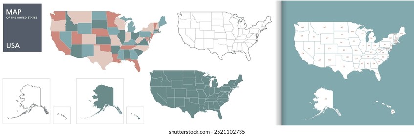 USA-Karte. Poster-Karte der USA. Infografik Design, Staaten, Geografie, politisches Thema der USA. USA-Zustandskartendruck, Vektorgrafik