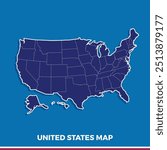 USA Map. Poster map of United States of America. Blue and white outline print of USA with states, poster or geographic, political theme. Blue and white USA states. Vector Illustration