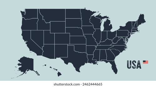 Mapa USA. Mapa de los Estados Unidos de América. Impresión en blanco y negro de Estados Unidos con afiche o tema geográfico, político. Mapa en blanco y negro de los estados de Estados Unidos. Ilustración vectorial