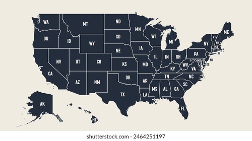 USA Map. Poster map of United States of America. Infographic design, USA with states, poster or geographic, political theme. Print map of USA states, silhouettes outline. Vector Illustration