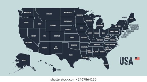 USA Map. Poster map of United States of America. Print of USA with name states, poster or geographic, political theme. Infographic graphic design print map of USA states. Vector Illustration