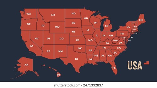 USA Map. Poster map of United States of America. Infographic design, USA with states, poster or geographic, political theme. Print map of USA states, silhouettes outline. Vector Illustration