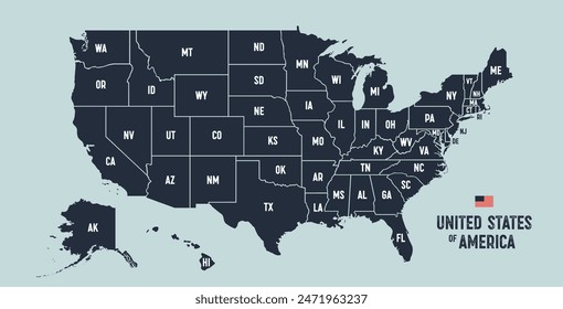 USA Map. Poster map of United States of America. Infographic design, USA with states, poster or geographic, political theme. Print map of USA states, silhouettes outline. Vector Illustration