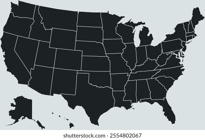 USA Map. Poster map of United States of America. Black and white print of USA with states, poster or geographic, political theme. Black and white print map of USA states. Vector Illustration