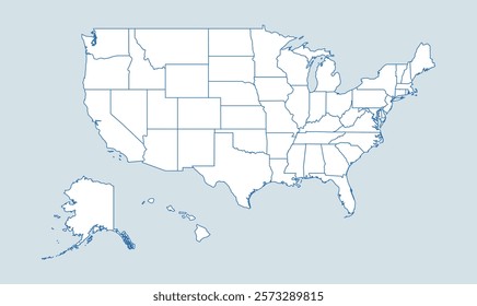 USA Map. Poster map of United States of America. Black and white print of USA with states, poster or geographic, political theme. Black and white print map of USA states. Vector Illustration