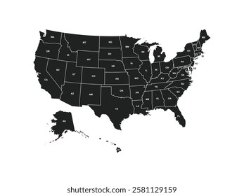 USA Map. Poster map of United States of America. Print of USA with name states, poster or geographic, political theme. Infographic graphic design print map of USA states. Vector Illustration