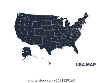 USA Map. Poster map of United States of America. Print of USA with name states, poster or geographic, political theme. Infographic graphic design print map of USA states. Vector Illustration