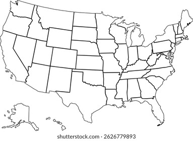 USA Map. Poster map of United States of America. Black and white print of USA with states, poster or geographic, political theme. Black and white print map of USA states. Vector Illustration