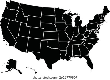 USA Map. Poster map of United States of America. Black and white print of USA with states, poster or geographic, political theme. Black and white print map of USA states. Vector Illustration