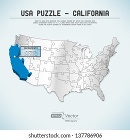 USA map puzzle - One state-one puzzle piece - California, Sacramento