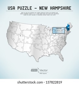 USA map puzzle - One state-one puzzle piece - New Hampshire, Concord