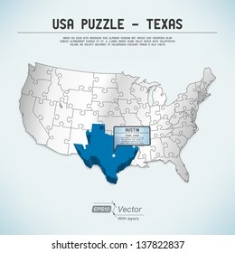 USA map puzzle - One state-one puzzle piece - Texas, Austin