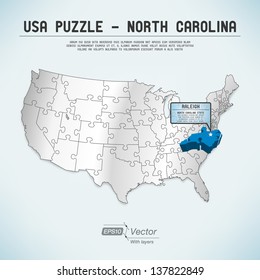 USA map puzzle - One state-one puzzle piece - North Carolina, Raleigh