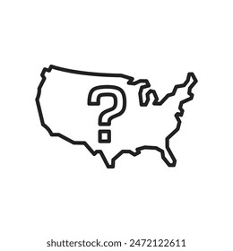 USA map and question mark icon, Frequently Asked Questions FAQ's about USA, isolated line vector illustration