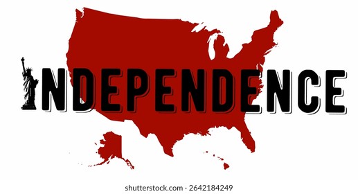 USA map in red with INDEPENDENCE text overlay, minimal patriotic vector for July 4th and protests.