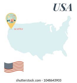 USA map with Seattle Pin Travel Concept Vector Illustration