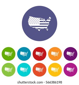 USA map set icons in different colors isolated on white background
