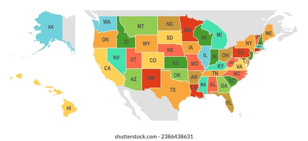 USA map with short name of states. United States of America map, 50 states vector USA map.