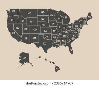 USA map with short name of states. United States of America map, 50 states vector USA map.