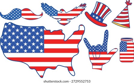 Silueta del mapa de Estados Unidos llena de patrón de bandera y águila calva poderosos símbolos de celebración patriótica de libertad y orgullo