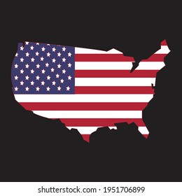 USA map silhouette with flag on black background, Map of USA with an official flag,North America, Illustration on white background, Vector USA Flag and Map, isolated outline for infography,websites.