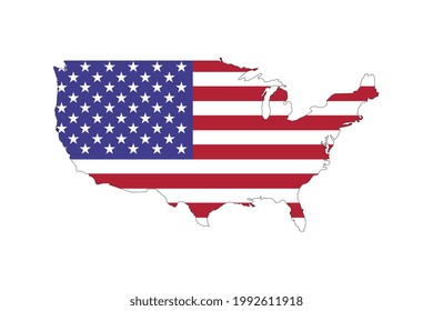 Silueta de mapa de EE.UU. con bandera sobre fondo blanco