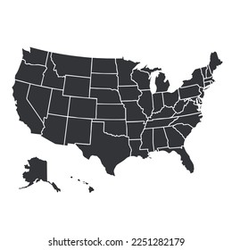 USA map silhouette isolated on white. United States of America country. Vector illustration.