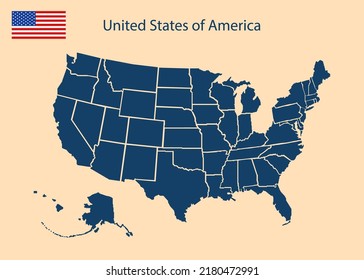 Usa map. Silhouette of united states of america. Simple continent of us. Flat american map with california, hawaii, texas, washington, florida, michigan and other state. Vector.