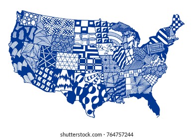 USA map. Sketch hand drawn. Doodle style freehand. Abstract map element with zentangle style ornament. Blue and white map isolated on white background. Vector illustration.
