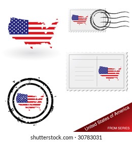 USA map, stamps and postcard set from series