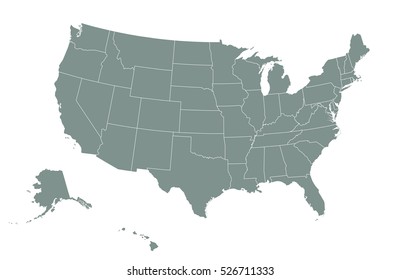 USA map with state boundaries. Blank black contour isolated on white. Vector illustration.