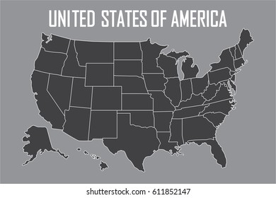 USA map with state boundaries. Blank black contour isolated on gray background. Vector illustration.