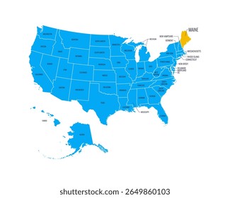 USA Map with state names, highlighted at Maine. Easy to edit vector