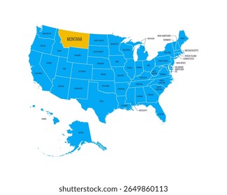 USA Map with state names, highlighted at Montana. Easy to edit vector