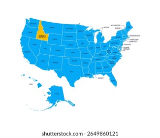Mapa dos EUA com nomes de estados, destacado em Idaho. Fácil de editar o vetor
