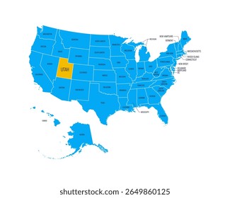 USA Map with state names, highlighted at Utah. Easy to edit vector