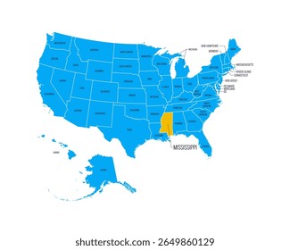 Mapa dos EUA com nomes de estados, destacado no Mississippi. Fácil de editar o vetor