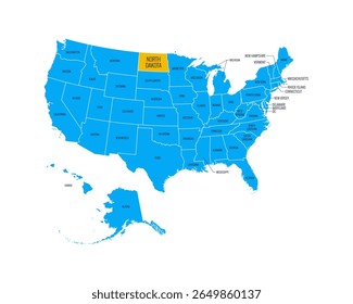 Mapa de Estados Unidos con nombres de estados, resaltado en Dakota del Norte. Vector fácil de editar
