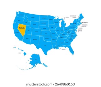 Mapa dos EUA com nomes de estados, destacado em Nevada. Fácil de editar o vetor