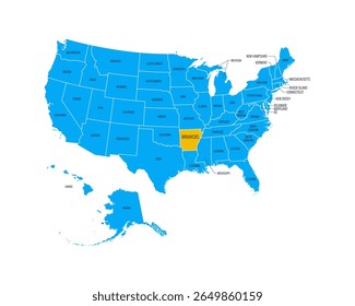 USA Map with state names, highlighted at Arkansas. Easy to edit vector